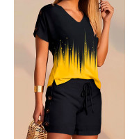 Abstract Print T-shirt & Drawstring Shorts Set - yellow