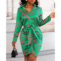 Abstract Print Tied Detail Ruched Shirt Dress - green