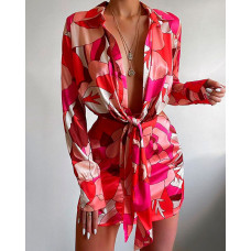 Abstract Print Tied Detail Shirt Dress - pink