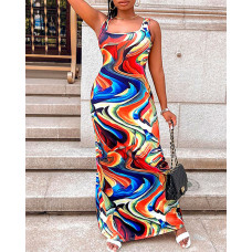 Abstract Print U-Neck Maxi Dress - orange