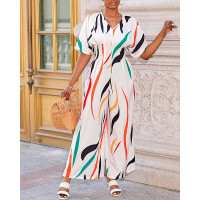 Abstract Print Wide Leg Jumpsuit - Apricot