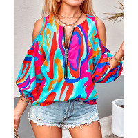 Abstract Print Zip Front Cold Shoulder Top - Multicolor