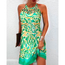 Abstract Tie Dye Print Criss Cross Casual Dress - green