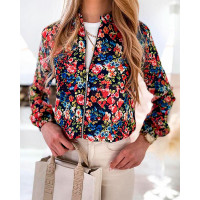 All Over Floral Print Zipper Up Baseball Jacket - Multicolor