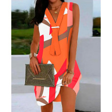 All Over Print Fake Tie Patch Sleeveless Casual Dress - Multicolor