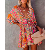 All Over Print Half Sleeve Casual Dress - orange