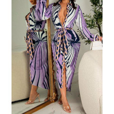 All Over Print Long Sleeve Shirt Dress With Belt - purple