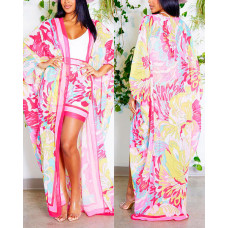 All Over Print Longline Cover Up Top & Shorts Set - hot pink