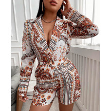 All Over Print Notched Collar Surplice Neck Top & Shorts Set - white