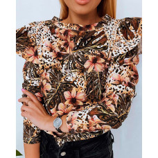 All Over Print O-neck Flutter Sleeve Top - Multicolor