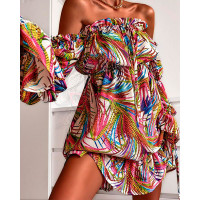 All Over Print Off Shoulder Frill Hem Dress - Multicolor