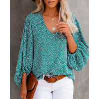 All Over Print V-Neck Lantern Sleeve Top - green