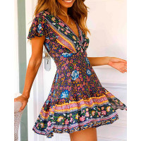 All Over Print V Neck Short Sleeve Dress - dark blue