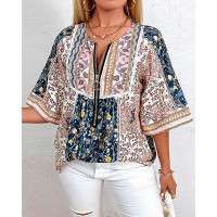 All Over Print Zipper Design V Neck Top - Multicolor