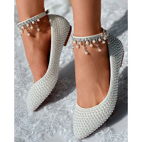 Allover Pearls Rhinestone Tassel Bridal Wedding Loafers - white