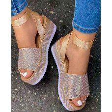 Allover Print Ankle Strap Flat Sandals - gold