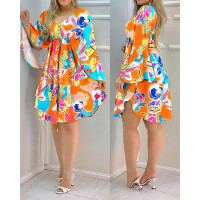 Allover Print Cloak Sleeve Drawstring Casual Dress - Multicolor