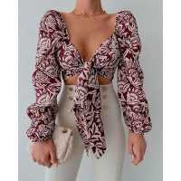 Allover Print Knot Front Crop Top - brown