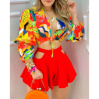 Allover Print Lantern Sleeve Crop Top & Cutout Plain Shorts Set - red