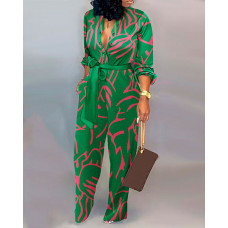 Allover Print Long Sleeve Belted Jumpsuit - green