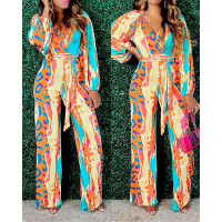 Allover Print Long Sleeve Belted Jumpsuit - Multicolor