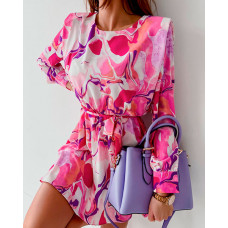 Allover Print Long Sleeve Casual Dress - pink