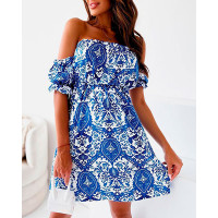 Allover Print Off Shoulder Puff Sleeve Swing Dress - blue