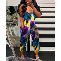 Allover Print Pocket Design Sleeveless Jumpsuit - Multicolor