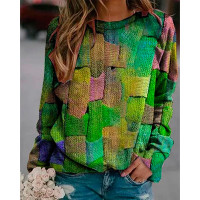 Allover Print Round Neck Long Sleeve Sweatshirt - green