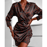 Allover Print Ruched Long Sleeve Shirt Dress - style1