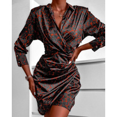 Allover Print Ruched Long Sleeve Shirt Dress - style1