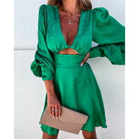 Allover Print Satin Lantern Sleeve Cutout Casual Dress - green