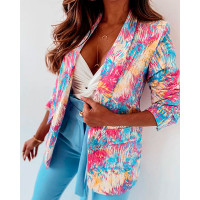 Allover Print Shawl Collar Flap Detail Blazer - Multicolor