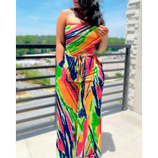 Allover Print Shirred Bandeau Wide Leg Jumpsuit - Multicolor