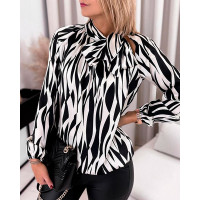 Allover Print Tie Neck Long Sleeve Top - style1