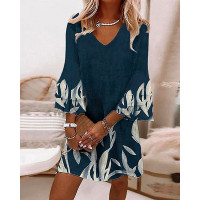 Allover Print V-Neck Bell Sleeve Dress - blue