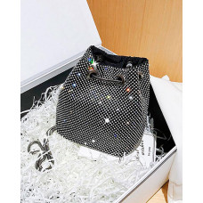 Allover Rhinestone Chain Bucket Evening Bag - black