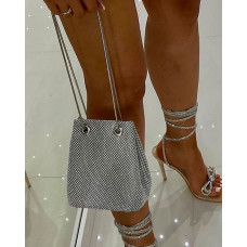 Allover Rhinestone Chain Bucket Evening Bag - silver