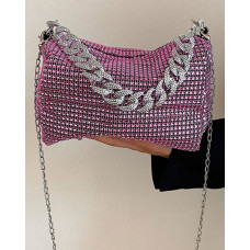 Allover Rhinestone Chain Strap Fashionable Bag - pink