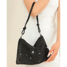 Allover Rhinestone Zipper Design Evening Shoulder Bag - black