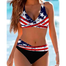 American Flag Print Crisscross Bikini Set - Multicolor