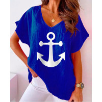 Anchor Print Batwing Sleeve Casual Top - blue