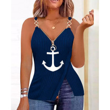 Anchor Print Chain Decor Zip Detail Slit Top - blue