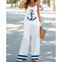 Anchor Print Chain Strap Tank & Wide Leg Pants Set - white