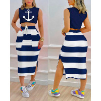 Anchor Print Crop Tank Top & Split Hem Striped Skirt Set - blue