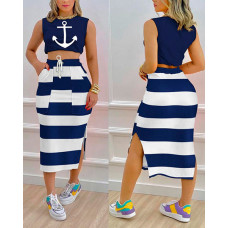 Anchor Print Crop Tank Top & Split Hem Striped Skirt Set - blue