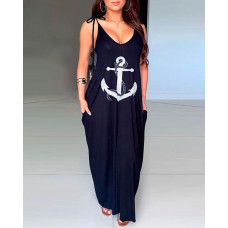 Anchor Print Pocket Design Casual Dress - black