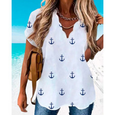 Anchor Print Short Sleeve Casual Top - white