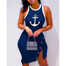 Anchor Print Split Sleeveless Bodycon Dress - purplish blue