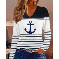 Anchor Print Striped Colorblock V-Neck Long Sleeve Top - white